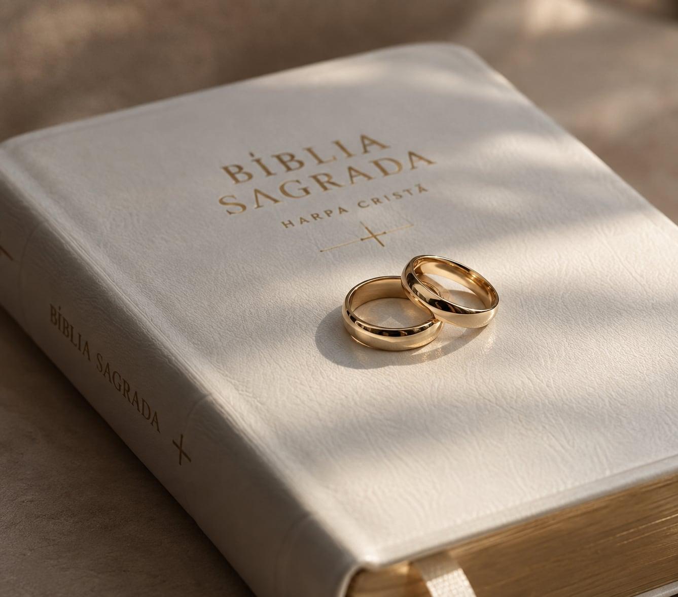 Alianças de casamento douradas sobre a Bíblia Sagrada