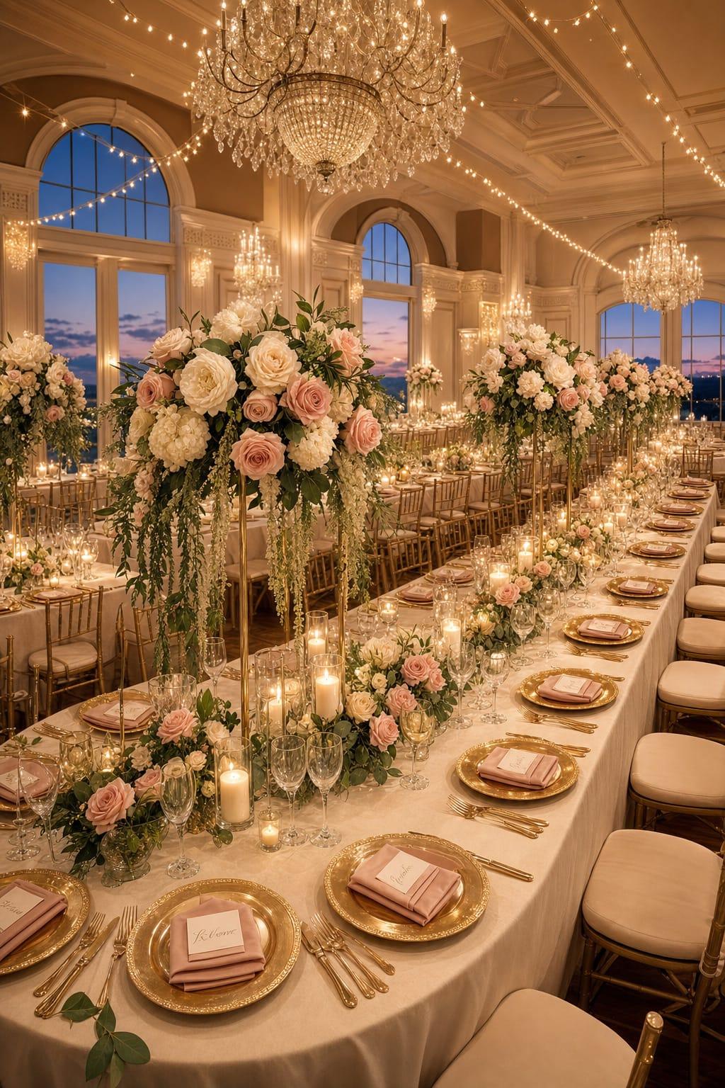 Decoração da festa de casamento com as mesas dos convidados, flores e velas