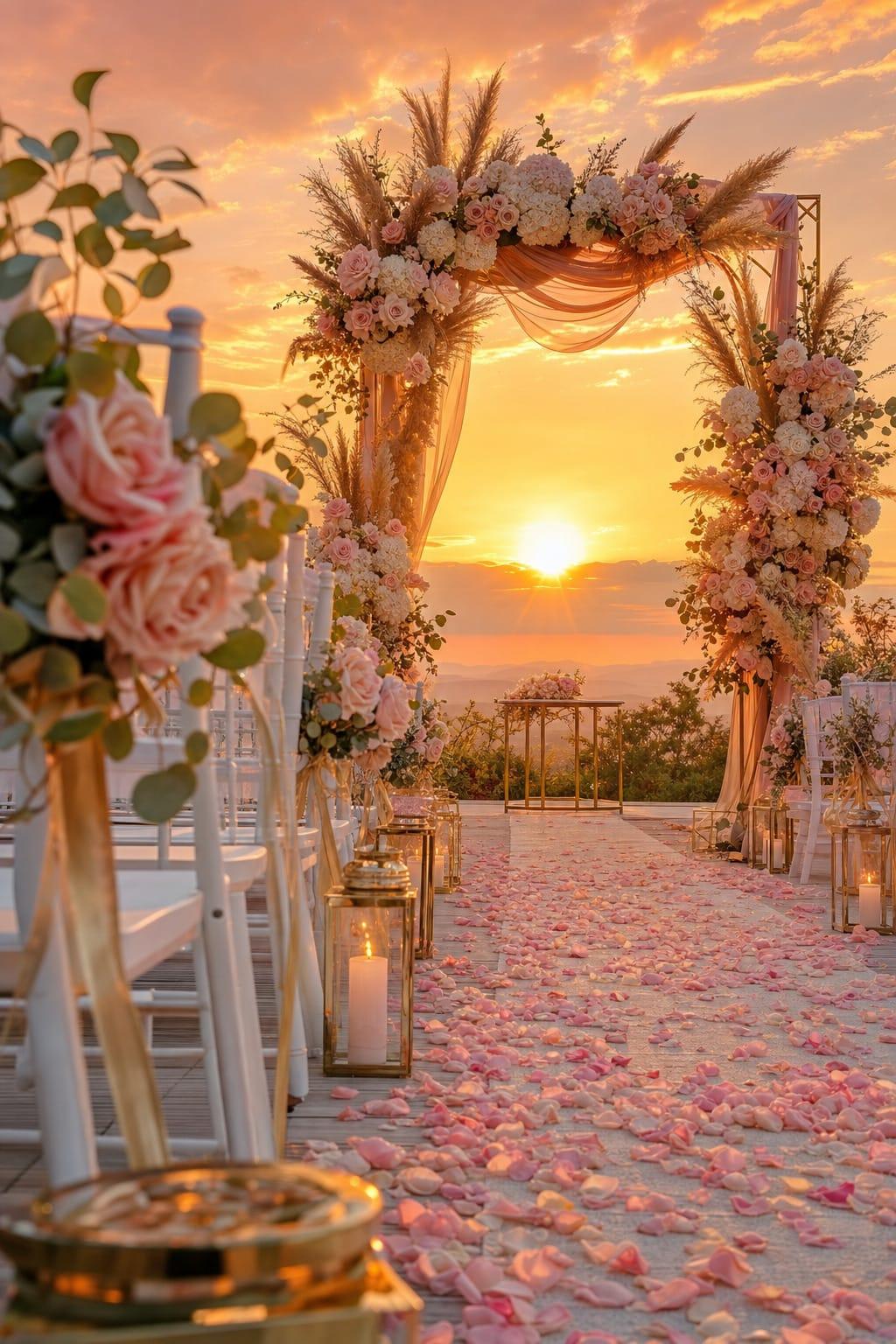 Local para casamento ao ar livre, com cadeiras, pétalas e arco de flores ao pôr do sol