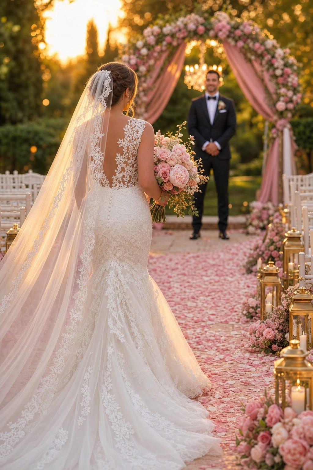 Noiva entrando na cerimônia de casamento ao ar livre, com o noivo esperando no altar