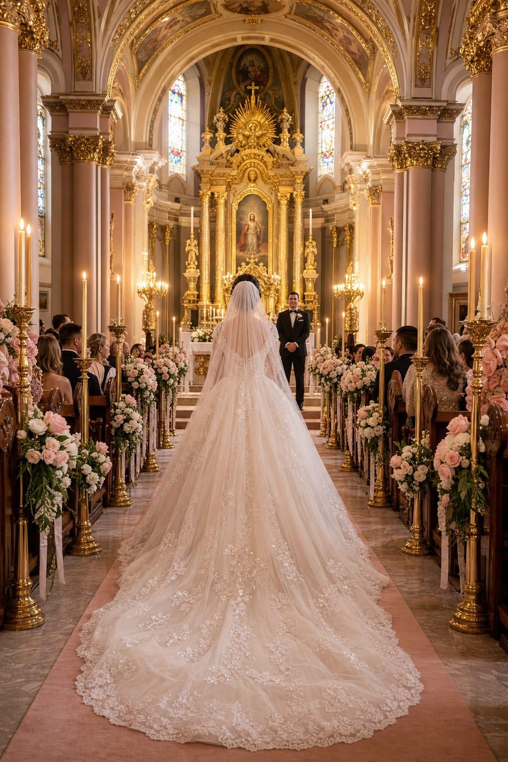 Noiva com véu longo no corredor da igreja, em casamento religioso