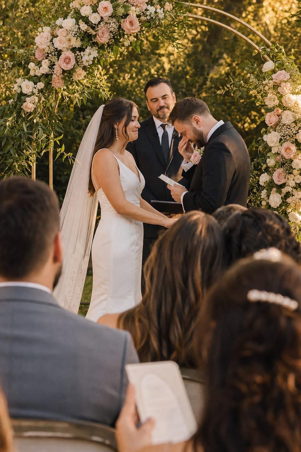 Noivo emocionado lendo os votos de casamento para a noiva
